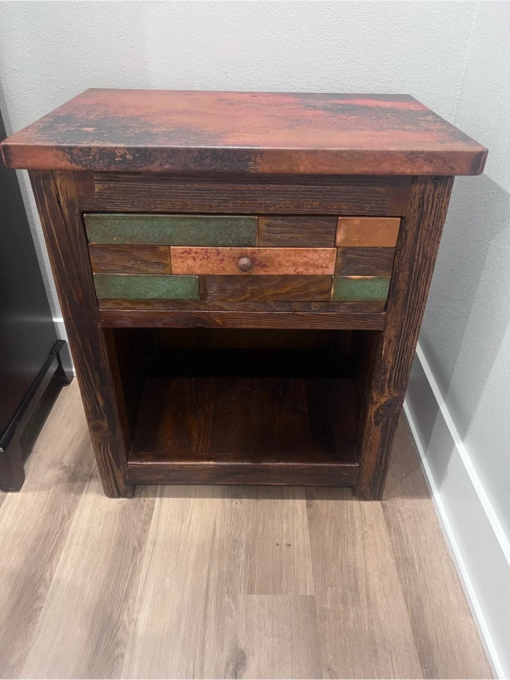 Rustic Multicolor Wooden Accent End Table in Green and Copper Tones